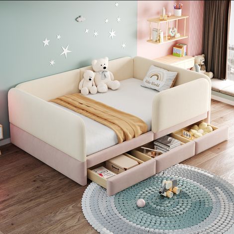 Cama infantil 140x200 cm beige y rosa de terciopelo con bordes acolchados y 3 cajones (1/5)