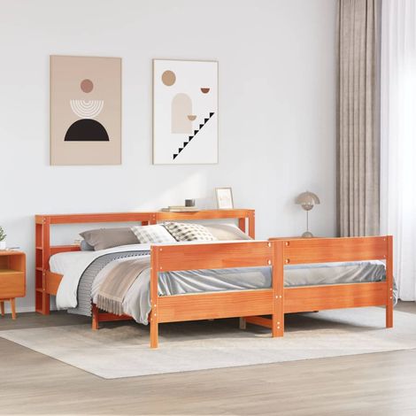 Cadre de lit 200 x 200 cm avec tête de lit et étagères, pin massif, cire marron - PANGIVO (1/5)