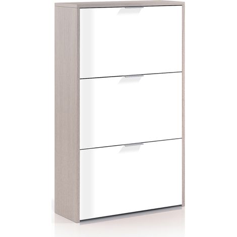 Meuble a chaussures 3 abattants coloris chene / blanc Brillant en melamine - Dim: 113 x 60 x 22 cm -PEGANE-