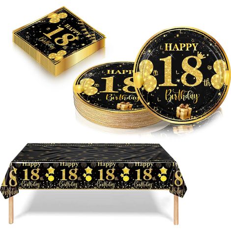 37 Pièce Vaisselle Jetable Anniversaire 18 Ans Deco Table Anniversaire Noir et Or,18 Ans Assiette en Carton Jetable Plastique Nappe Serviette pour Garçon Fille Decoration d’Anniversaire (16 Un invité) (1/5)