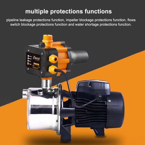 Pompe à eau étanche IP65 10 A 220-240 V avec interrupteur de niveau automatique et régulateur de pression réglable. Fonctions de protection contre les fuites et les manques d'eau.