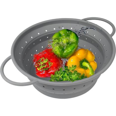 Passoire Pliable en Silicone de Cuisine - Passoire Pliable 25,5 cm - Passoire de Cuisine Gris avec Poignées, Design Pliable pour Égoutter Légumes, Pâtes et Fruits, Résistante et Gain de Place (1/5)