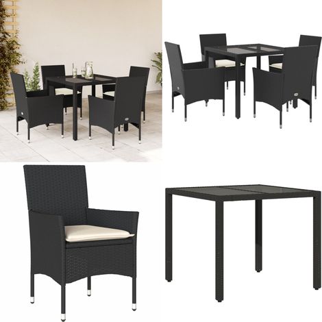 Ensemble à manger de jardin et coussins 5 pcs noir rotin verre - Meubles De Jardin - Salon De Jardin - Set De Jardin - Mobilier De Patio - Table De Jardin - Home & Living (1/5)