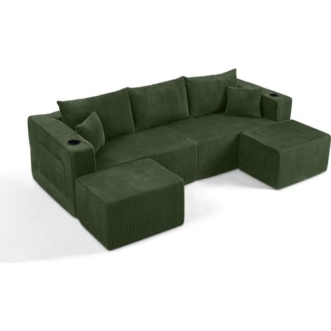 Divano angolare modulare 230x138x75 cm verde in tessuto a coste, pouf mobili - CHICFURN (1/5)