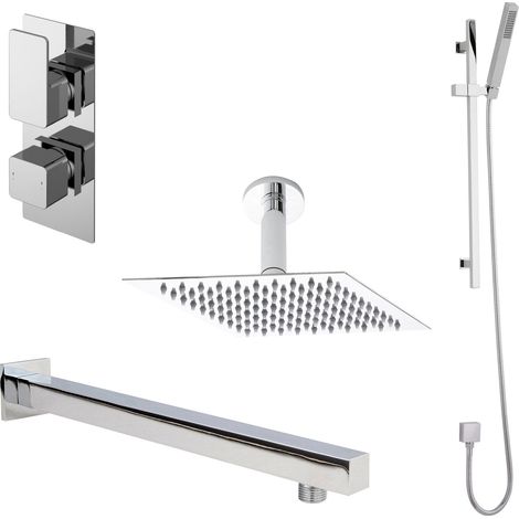 Balterley Empire Modern Square 2 Outlet Shower Valve, Head, Wall Arm and Slide Rail Handset Bundle - Chrome