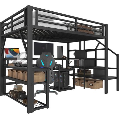 Lit mezzanine 140 x 200 cm, cadre en fer, compartiment de rangement, escalier avec espace de rangement, garde-corps de sécurité, bande lumineuse LED, bureau, port USB, sans matelas, noir (1/5)