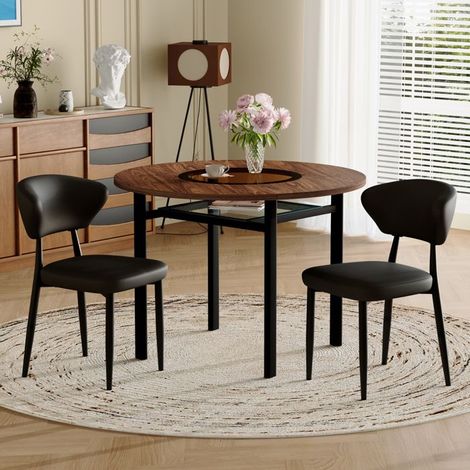 Ensemble de table ronde - 100 cm - Marron+Noir - Verre trempé - Cuir PU - 4 à 6 personnes (1/5)