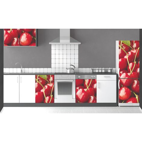 Sticker mural 3D Cerises XXL, Réfrigérateur Décoratif, 59,5 cm X 180 cm, Effet Trompe l'Oeil Garanti (1/2)