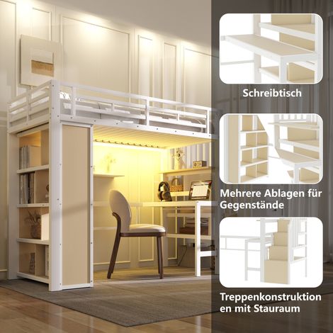 Lit mezzanine, 90 x 200 cm, structure en fer, avec bureau, compartiment de rangement, éclairage LED, escalier avec espace de rangement intégré, sans matelas, blanc (1/5)