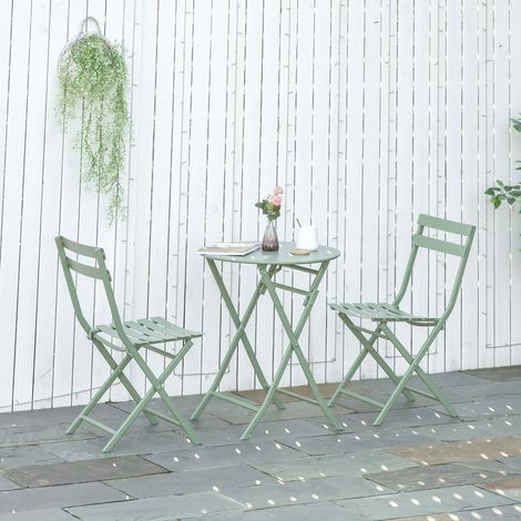 Ensemble bistrot de jardin 2 places - table ronde 60 cm Ø et chaises pliantes - salon extérieur métal vert thermolaqué - mobilier terrasse compact avec table et 2 fauteuils escamotables (1/5)