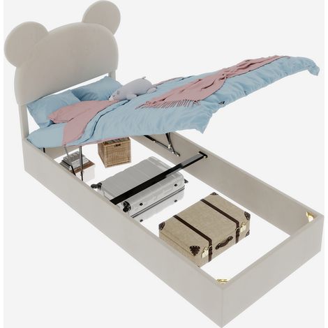 Lit rembourré moderne et minimaliste avec tête de lit douce au design de dessin animé, 90x200 cm, beige, meuble de chambre multifonctionnel, sommier coffre haut avec système de levage à gaz, matelas n (1/5)