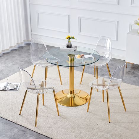 Juego de comedor redondo (85x85x76 cm), mesa de vidrio templado con 4 sillas, metal y plástico, dorado y transparente (1/5)