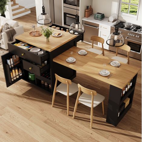 Îlot de cuisine extensible noir avec plateau coulissant, 2 tiroirs et rangements intégrés (1/5)