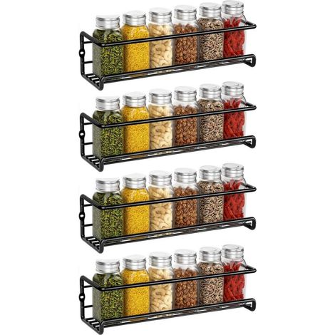Set of 4 Wall-Mounted Spice Racks – No-Drill Organizers, Hanging Metal Brackets with Self-Adhesive and Screws for Spice Jars, Cabinet or Kitchen Door (1/5)
