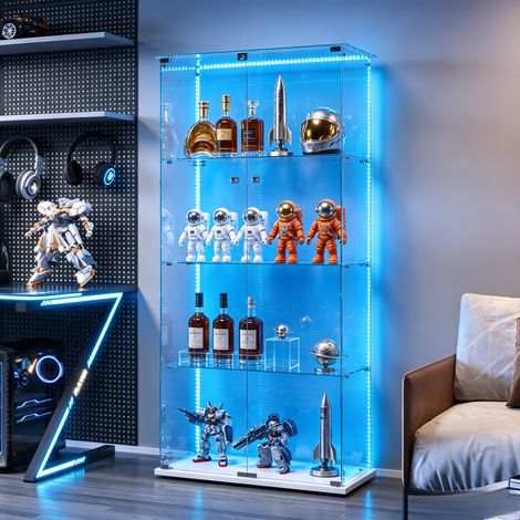 JOOKGBD-Vitrine en Verre bande LED,Vitrine pour Collection,casiers,Armoire Vitrine Pour Collection avec 2 Porte 4 étagères Transparent,Meuble VITRINES Verre,Blanc