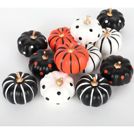 12 Stück Halloween-Kürbis-Dekor, weiß, schwarz, orange, künstliche Kürbisse, Punktstreifen, künstliche Kürbis-Ornamente für Urlaub, Zuhause, Party-Dekoration, Zubehör, 7,4 x 6,3 cm (1/5)