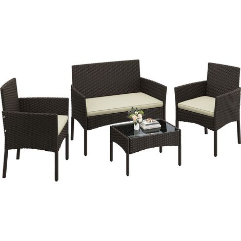 Yaheetech Set di Mobili per Esterni 4 Pezzi in Rattan PE con Divano 2 Poltrone e 1 Tavolo in Vetro Set di Conservazione per Balcone Giardino Marrone/Beige (1/5)