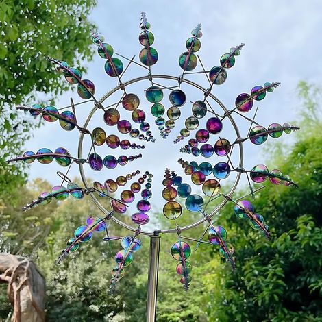 Moulin a Vent Jardin Exterieur, HOVCEH Upgraded Antirouille Moulin à Vent Metal Decoratif, 3D 360° Dual Rotors Kinetic Sculptures Cinétiques à Vents pour Cour, Pelouse, Jardin