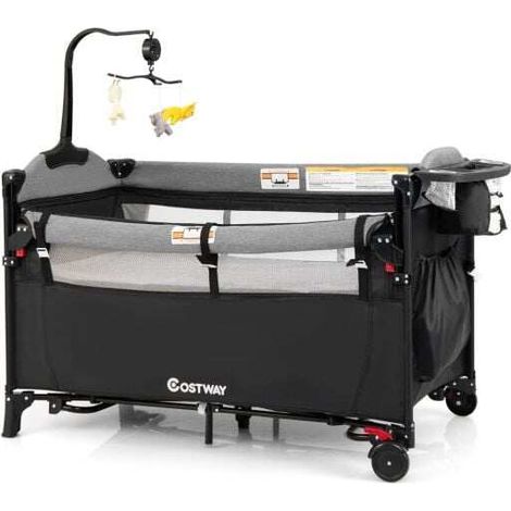 Lit bébé noir 5 en 1 en métal avec table à langer amovible et berceau pliable avec matelas et sac de transport pour chambre et (1/5)