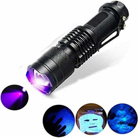 Linterna UV, modo 300LM con zoom, 395nm en modo ultravioleta para la detección de manchas de perro, verificación de pasaportes y cosméticos (1/5)