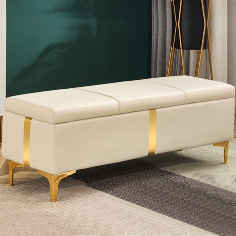 Cassapanca Contenitore Beige in Ecopelle con Piedini in Metallo Oro Panca Pouf (1/4)