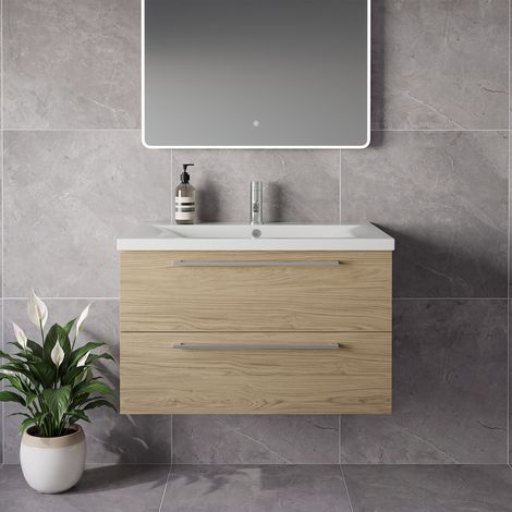 Napoli 460 Light Oak 800mm Wall Mounted 2 Drawer Vanity Unit with Glide Basin - 800mm - Chrome 480mm Handle
