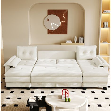 Canapé convertible U-förmig Chenille Beige 278 cm mit USB-Anschluss, abnehmbaren Armlehnen und Schlaffunktion (1/5)