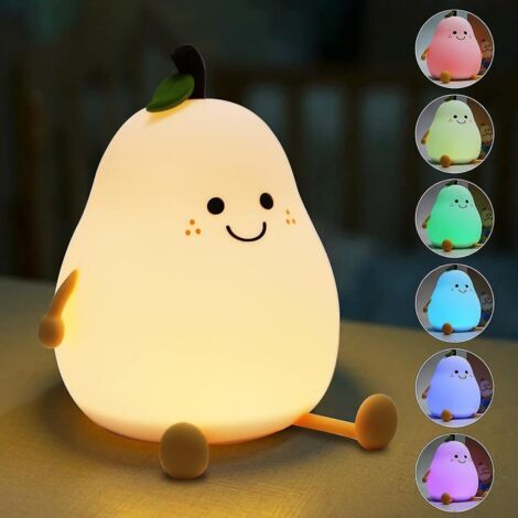 Veilleuse en forme de poire avec sourire mignon, lampe de nuit rechargeable en silicone avec capteur tactile, veilleuse à 7 couleurs changeantes (1/4)