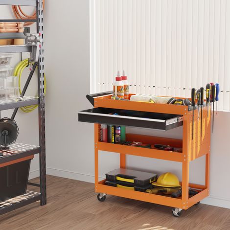 Carrello Porta Attrezzi con Manico e Scheda Laterale, Cassetto e 3 Ripiani, Carrello Officina Porta Utensili con 4 Ruote(2 con Freno) in Lamiera di Acciaio per Garage, 82x35x76 cm, Arancione (1/5)