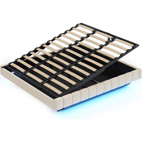 Letto imbottito 180x200 cm con contenitore, fluttuante con LED, lino beige, senza testiera (1/5)