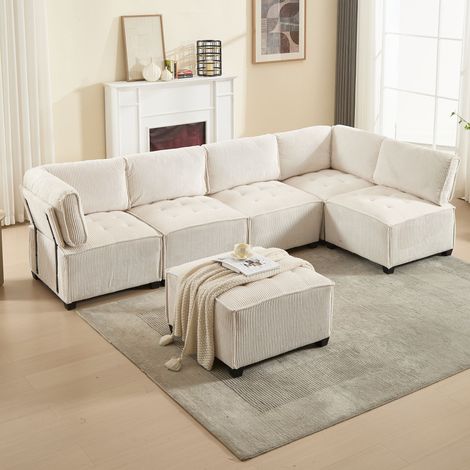 Sofa modular aus Cord Beige 308 cm, 6-Sitzer, flexibel als U-Form/L-Form und Liegefläche nutzbar