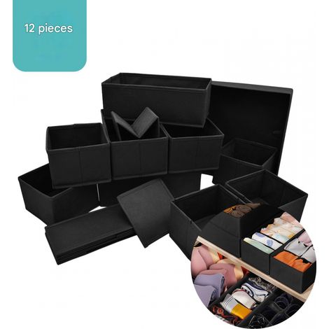 Organisateur de placard - Séparateur de placard - Lot de 12 - Boîte de rangement - Pour vêtements/sous-vêtements/salle de bain - Noir (1/5)