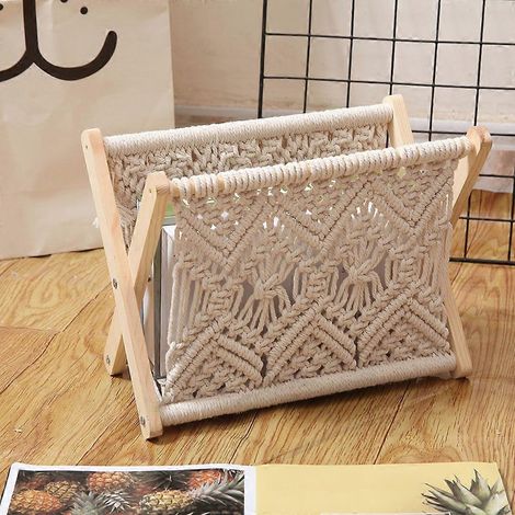 Panier de rangement tressé en coton nordique, porte-revues bohème en macramé, étagère de bureau, accessoires photo (1/4)