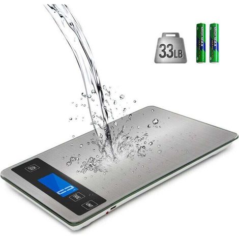 Elektronische Küchenwaage, digitale Lebensmittelwaage mit 1 g Präzision, Edelstahlgehäuse, 15 kg Tragkraft, große Plattform (23 x 16 cm), hintergrundbeleuchtetes LCD-Display, gehärtetes Glas