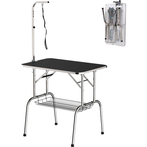 Table de toilettage pliable et réglable en hauteur en acier inoxydable noir pour soins des chiens (1/5)