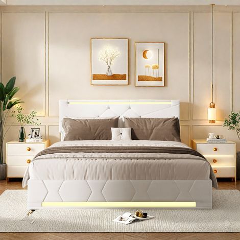 Lit beige 140x190, lit double avec rangement, led lit avec tête de lit ajustable et ports usb, lit capitonné pour adultes et ado, lin rembourré (1/5)