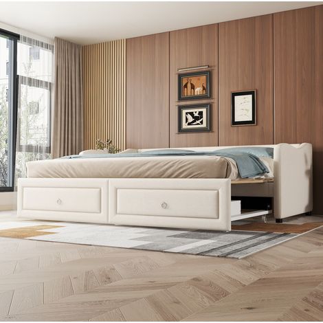Lit banquette moderne 90x200 cm en lin beige avec lit gigogne 180x200, 2 tiroirs, sommier à lattes (1/5)