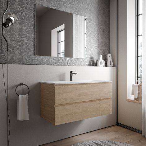 BERNSTEIN - Meuble vasque suspendu MDF Chêne miel, lavabo fonte Blanc mat + trou robinet - 100x46x50cm - AVA CREAM Chêne Miel doré, Blanc mat avec trou pour robinetterie