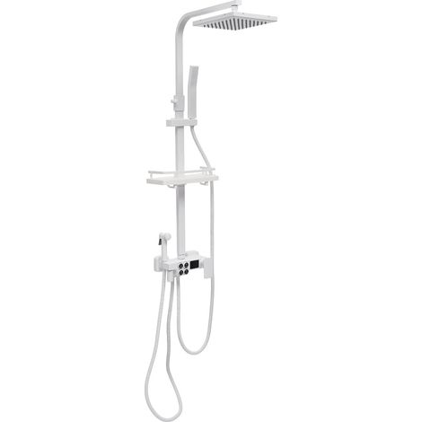 Duschsystem Weiß mit Thermostat Edelstahl Duschgarnitur mit Duscharmatur Regendusche mit Armatur und 4 Strahlarten Duschkopf Duschsäule Duschset