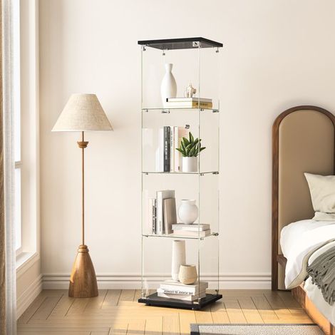 Glasvitrine - TANANT - Vitrinenschrank Buffet - 4 Regale - Einscheiben-Sicherheitsglas - Schwarz - 42.5x36.5x164 cm