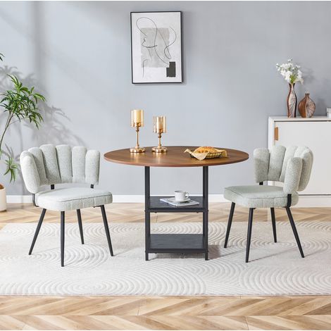 Set tavolo da pranzo rotondo con 2 sedie 107x107x75 cm, doppio ripiano, MDF e metallo, tessuto bouclé beige chiaro (1/5)