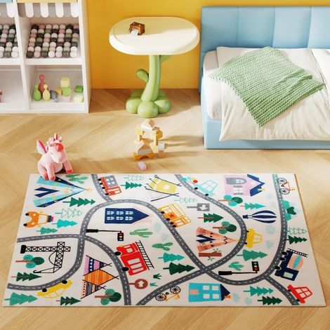 Kinderteppich Straßenset 160 x 120 cm Polyester weiß, rutschfest, mehrfarbig OKMYHOME (1/5)