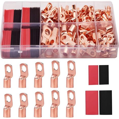Set mit 160 Kupferdrahtklemmen AWG2, 4, 6, 8, 10, 12 mit Schrumpfschlauch, 80 Batteriekabel-Aderendhülsen, Ringkabelschuhen, Steckverbindern und Schläuchen.