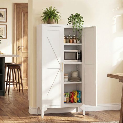 Armoire de rangement métallique à 2 portes réglables avec étagères ajustables, idéale pour la cuisine, le salon, la salle à manger et le bureau. Couleur : blanc. (1/5)