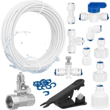 15 m Universal Water Supply Hose, 1/4 Inch 6.35 mm Refrigerator Hose Connector Kit, Fridge Connection Kit, 12 Pezzi (1/5)