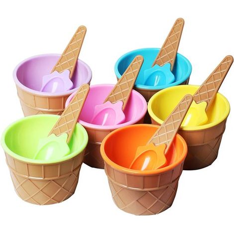 6 teiliges Eiscreme Dessertschalen Set mit Löffeln in verschiedenen Farben Dieses 6 teilige Set aus Kunststoff mit Waffelmuster in fröhlichen Far (1/5)