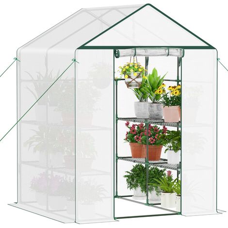 Serre en film plastique avec porte enroulable, serre à tomates 143 x 195 x 143 cm, 4 étagères, résistante à l'hiver, film grillagé en polyéthylène, abri de jardin pour plantes, légumes, fleurs (1/5)
