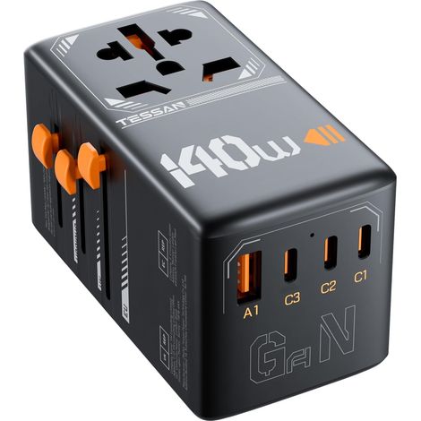 Adaptateur de voyage universel, prise 140 W avec ports de charge 1A3C, convertisseur de puissance, compatible avec les pays du monde entier, noir (1/5)
