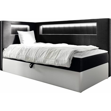 Cama continental Lucus VIII, Soft 017 + Fresh 17, Individuales, Continental, 80x200, Cuero ecológico, Tapiz, Somieres, 92x212x104cm, LED (1/5)