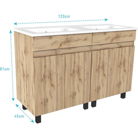 meuble de salle de bains 120cm 4 porteschêne naturel + vasque céramique blanche - timber 120 — vue 4